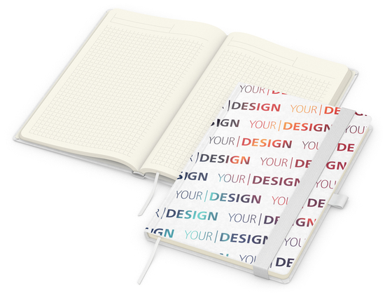 Notizbuch Match-Book Naturpapier-Hardcover individuell bedruckt, DIN A5, Papierfarbe/Lineatur Cremefarben/Winkelkaro, Einband-Papierfarbe Weiß