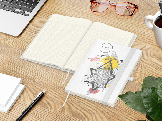 Notizbuch Match-Book Naturpapier-Hardcover individuell bedruckt, DIN A5, Papierfarbe/Lineatur Cremefarben/Winkelkaro, Einband-Papierfarbe Weiß