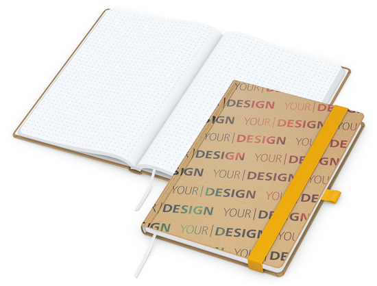 Notizbuch Match-Book Naturpapier-Hardcover individuell bedruckt, DIN A5, Papierfarbe/Lineatur Hochweiß/Punktraster, Einband-Papierfarbe Braun