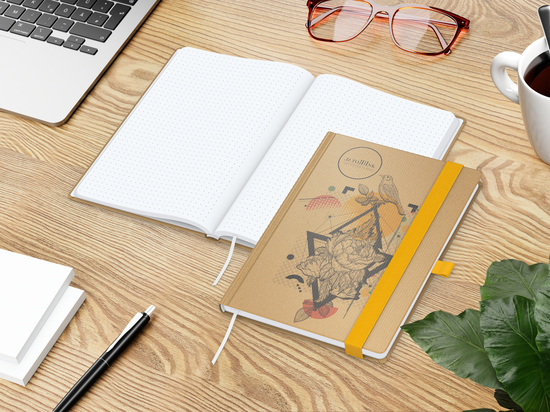 Notizbuch Match-Book Naturpapier-Hardcover individuell bedruckt, DIN A5, Papierfarbe/Lineatur Hochweiß/Punktraster, Einband-Papierfarbe Braun