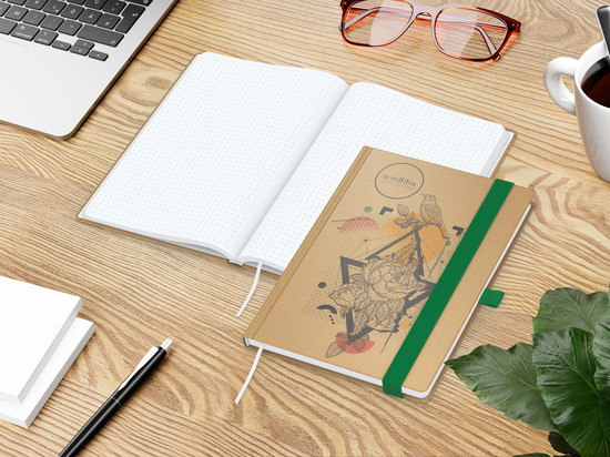 Notizbuch Match-Book Naturpapier-Hardcover individuell bedruckt, DIN A5, Papierfarbe/Lineatur Hochweiß/Punktraster, Einband-Papierfarbe Braun