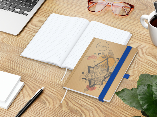 Notizbuch Match-Book Naturpapier-Hardcover individuell bedruckt, DIN A5, Papierfarbe/Lineatur Hochweiß/Punktraster, Einband-Papierfarbe Braun
