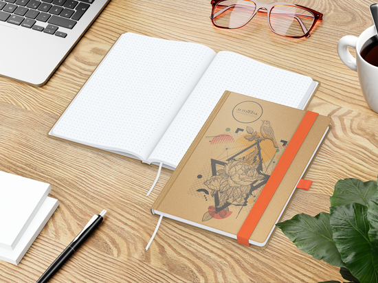 Notizbuch Match-Book Naturpapier-Hardcover individuell bedruckt, DIN A5, Papierfarbe/Lineatur Hochweiß/Punktraster, Einband-Papierfarbe Braun