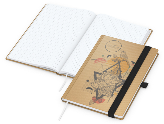 Notizbuch Match-Book Naturpapier-Hardcover individuell bedruckt, DIN A5, Papierfarbe/Lineatur Hochweiß/Punktraster, Einband-Papierfarbe Braun