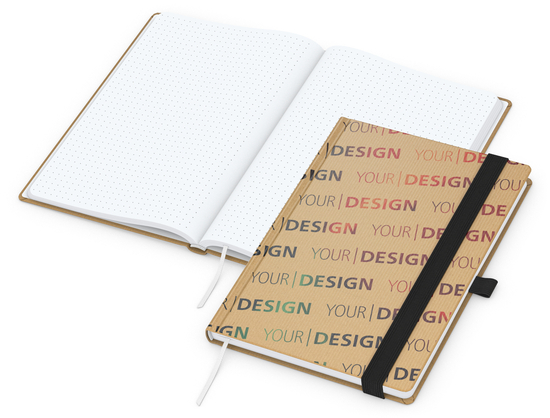 Notizbuch Match-Book Naturpapier-Hardcover individuell bedruckt, DIN A5, Papierfarbe/Lineatur Hochweiß/Punktraster, Einband-Papierfarbe Braun