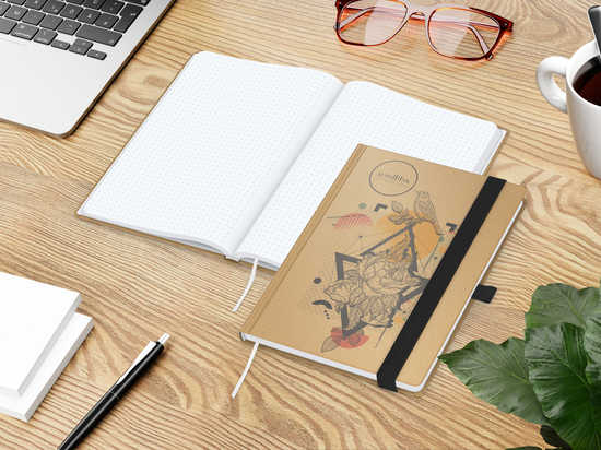 Notizbuch Match-Book Naturpapier-Hardcover individuell bedruckt, DIN A5, Papierfarbe/Lineatur Hochweiß/Punktraster, Einband-Papierfarbe Braun