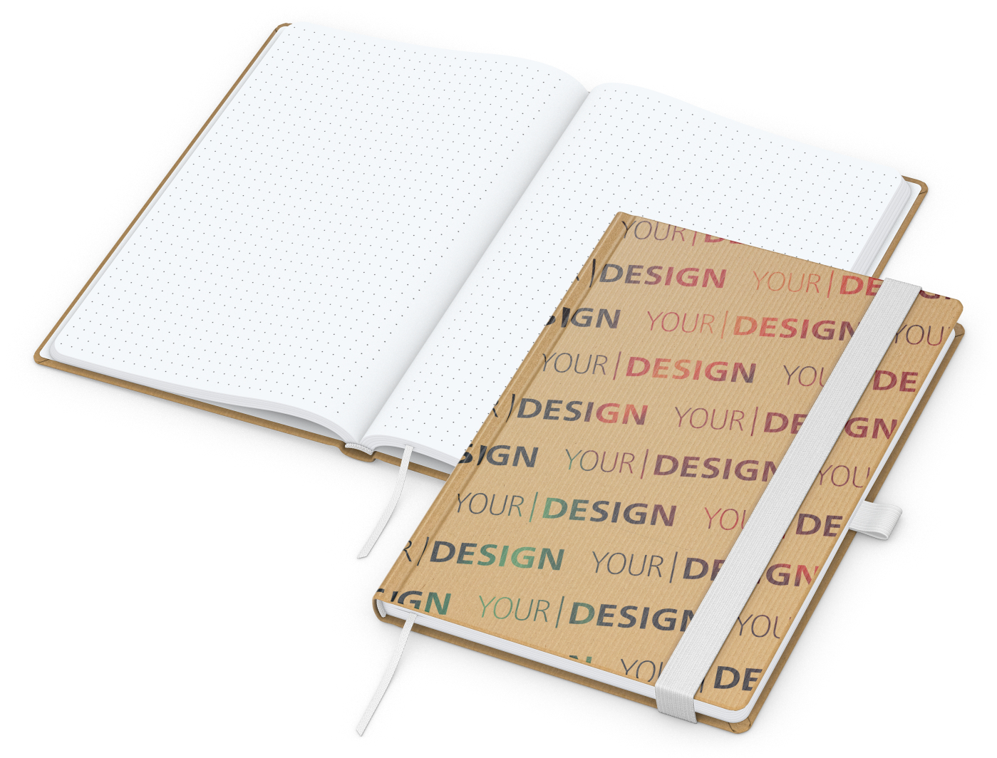 Notizbuch Match-Book Naturpapier-Hardcover individuell bedruckt, DIN A5, Papierfarbe/Lineatur Hochweiß/Punktraster, Einband-Papierfarbe Braun