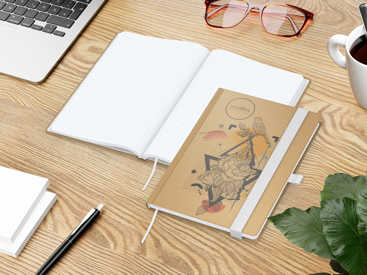 Notizbuch Match-Book Naturpapier-Hardcover individuell bedruckt, DIN A5, Papierfarbe/Lineatur Hochweiß/Punktraster, Einband-Papierfarbe Braun