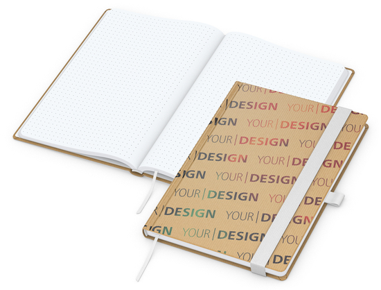 Notizbuch Match-Book Naturpapier-Hardcover individuell bedruckt, DIN A5, Papierfarbe/Lineatur Hochweiß/Punktraster, Einband-Papierfarbe Braun