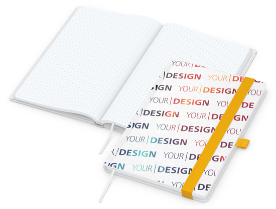 Notizbuch Match-Book Naturpapier-Hardcover individuell bedruckt, DIN A5, Papierfarbe/Lineatur Hochweiß/Punktraster, Einband-Papierfarbe Weiß