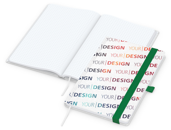 Notizbuch Match-Book Naturpapier-Hardcover individuell bedruckt, DIN A5, Papierfarbe/Lineatur Hochweiß/Punktraster, Einband-Papierfarbe Weiß
