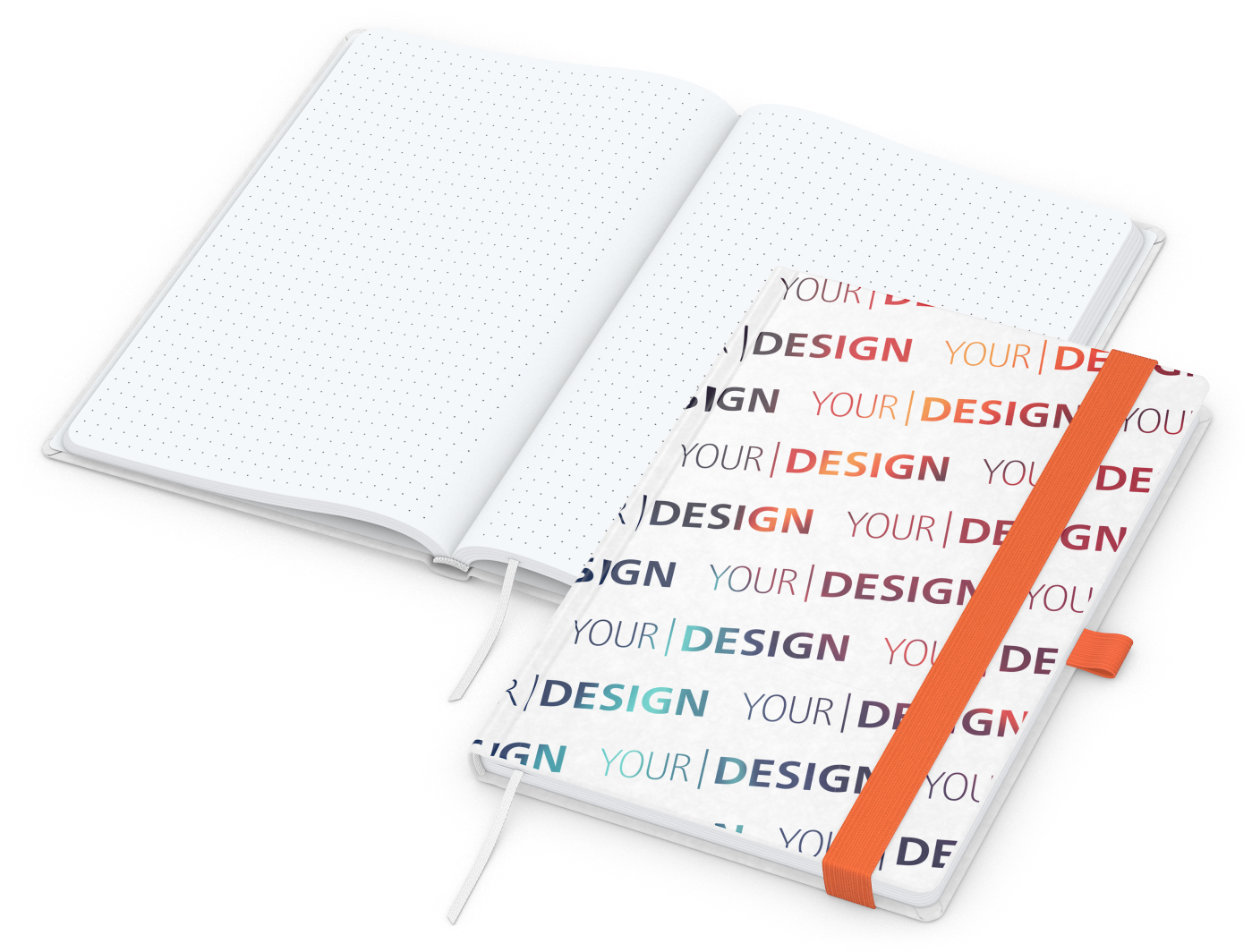 Notizbuch Match-Book Naturpapier-Hardcover individuell bedruckt, DIN A5, Papierfarbe/Lineatur Hochweiß/Punktraster, Einband-Papierfarbe Weiß