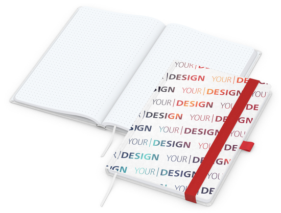 Notizbuch Match-Book Naturpapier-Hardcover individuell bedruckt, DIN A5, Papierfarbe/Lineatur Hochweiß/Punktraster, Einband-Papierfarbe Weiß