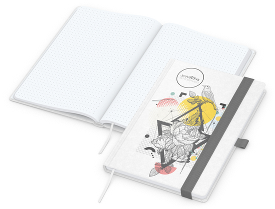 Notizbuch Match-Book Naturpapier-Hardcover individuell bedruckt, DIN A5, Papierfarbe/Lineatur Hochweiß/Punktraster, Einband-Papierfarbe Weiß