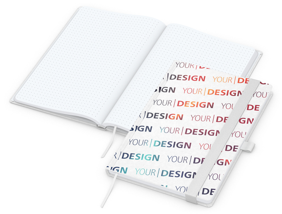 Notizbuch Match-Book Naturpapier-Hardcover individuell bedruckt, DIN A5, Papierfarbe/Lineatur Hochweiß/Punktraster, Einband-Papierfarbe Weiß