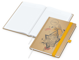 Notizbuch Match-Book Naturpapier-Hardcover individuell bedruckt, DIN A5, Papierfarbe/Lineatur Hochweiß/Winkelkaro, Einband-Papierfarbe Braun