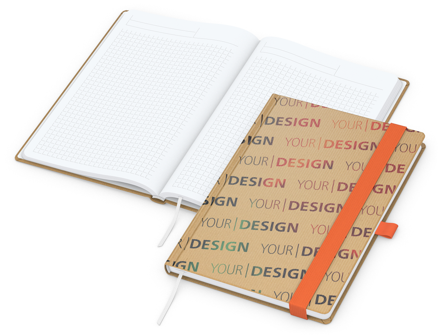 Notizbuch Match-Book Naturpapier-Hardcover individuell bedruckt, DIN A5, Papierfarbe/Lineatur Hochweiß/Winkelkaro, Einband-Papierfarbe Braun