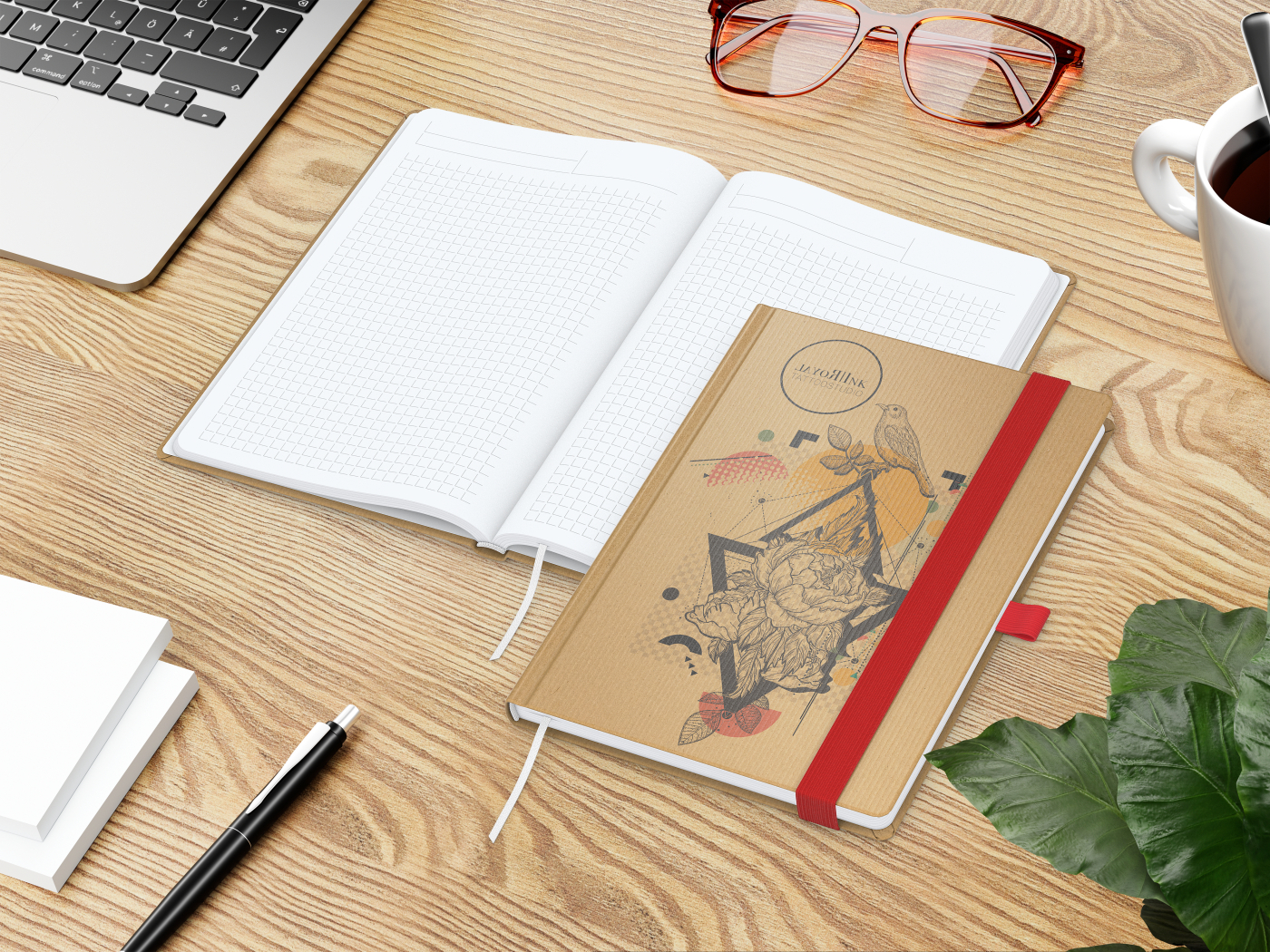 Notizbuch Match-Book Naturpapier-Hardcover individuell bedruckt, DIN A5, Papierfarbe/Lineatur Hochweiß/Winkelkaro, Einband-Papierfarbe Braun