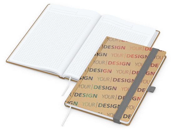Notizbuch Match-Book Naturpapier-Hardcover individuell bedruckt, DIN A5, Papierfarbe/Lineatur Hochweiß/Winkelkaro, Einband-Papierfarbe Braun