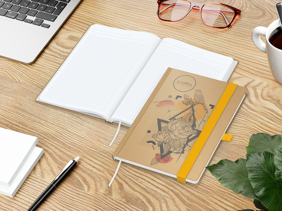 Notizbuch Match-Book Naturpapier-Hardcover individuell bedruckt, DIN A5, Papierfarbe/Lineatur Hochweiß/Winkelkaro, Einband-Papierfarbe Braun