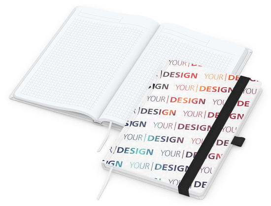 Notizbuch Match-Book Naturpapier-Hardcover individuell bedruckt, DIN A5, Papierfarbe/Lineatur Hochweiß/Winkelkaro, Einband-Papierfarbe Weiß