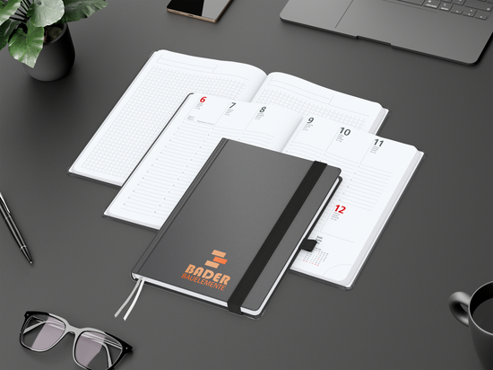Wochenkalender vorne + Notizen hinten Vision-Hybrid Kunstleder-Hardcover A5, Siebdruck-Digital inkl.