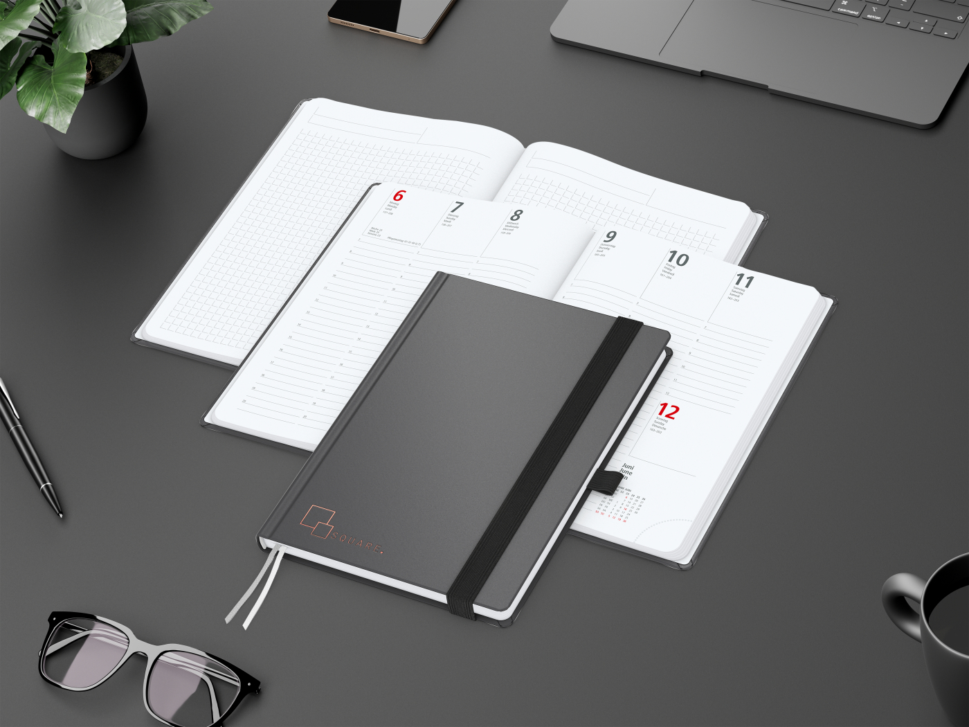 Wochenkalender vorne + Notizen hinten Vision-Hybrid Kunstleder-Hardcover A5, Kupferprägung inkl.