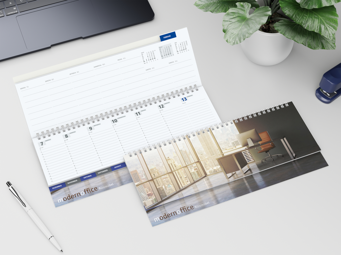 Tisch-Querkalender Master Monatsregister 1 Woche = 2 Seiten 8–21 Uhr, Einband Karton-Softcover