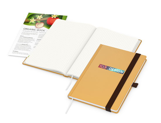 Notizbuch Organic-Book RECYCLING Apfelleder-Hardcover farbig A5, Lineatur Punktraster, Material-Infoblatt ja, Siebdruck-Digital inkl.