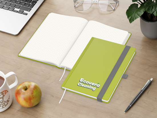 Notizbuch Organic-Book RECYCLING Apfelleder-Hardcover farbig A5, Lineatur Punktraster, Material-Infoblatt ja, Siebdruck-Digital inkl.