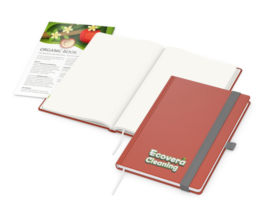 Notizbuch Organic-Book RECYCLING Apfelleder-Hardcover farbig A5, Lineatur Punktraster, Material-Infoblatt ja, Siebdruck-Digital inkl.