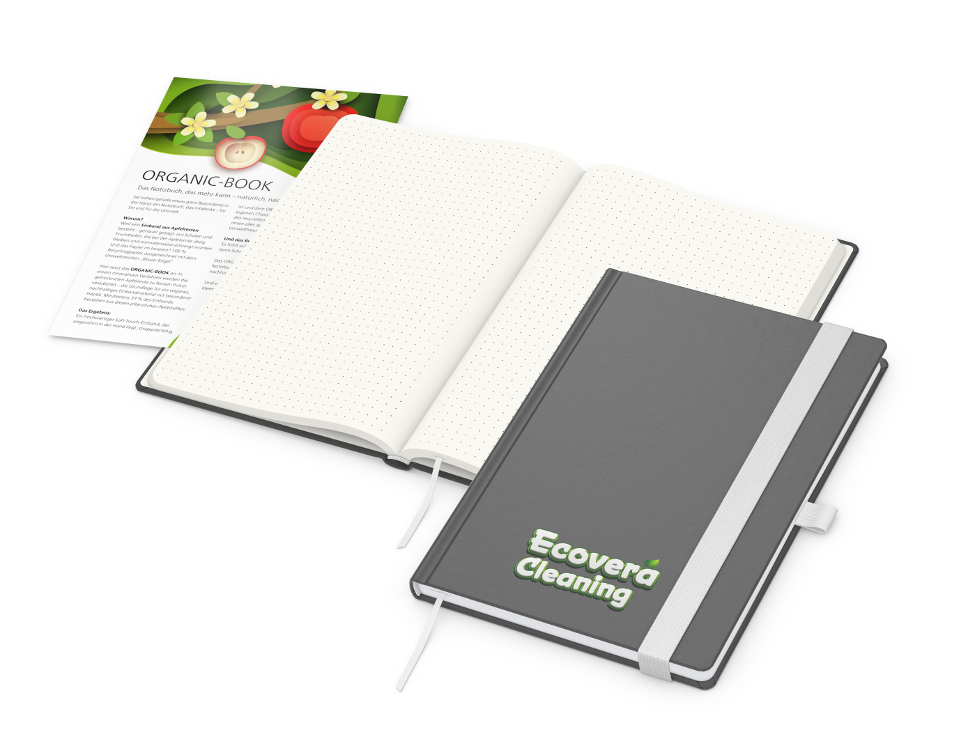 Notizbuch Organic-Book RECYCLING Apfelleder-Hardcover farbig A5, Lineatur Punktraster, Material-Infoblatt ja, Siebdruck-Digital inkl.