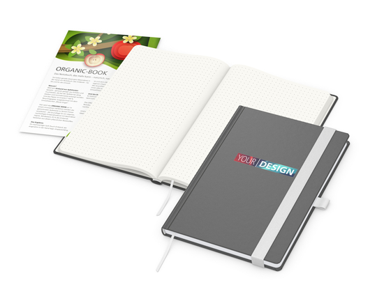 Notizbuch Organic-Book RECYCLING Apfelleder-Hardcover farbig A5, Lineatur Punktraster, Material-Infoblatt ja, Siebdruck-Digital inkl.