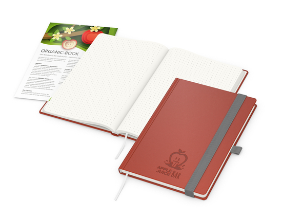 Notizbuch Organic-Book RECYCLING Apfelleder-Hardcover farbig A5, Lineatur Punktraster, Material-Infoblatt ja, Blindprägung inkl.