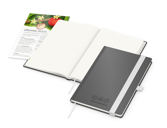 Notizbuch Organic-Book RECYCLING Apfelleder-Hardcover farbig A5, Lineatur Punktraster, Material-Infoblatt ja, Blindprägung inkl.
