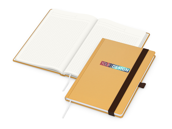 Notizbuch Organic-Book RECYCLING Apfelleder-Hardcover farbig A5, Lineatur Winkelkaro, Material-Infoblatt nein, Siebdruck-Digital inkl.
