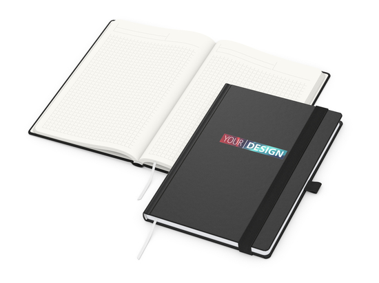 Notizbuch Organic-Book RECYCLING Apfelleder-Hardcover farbig A5, Lineatur Winkelkaro, Material-Infoblatt nein, Siebdruck-Digital inkl.