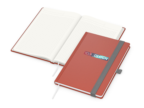 Notizbuch Organic-Book RECYCLING Apfelleder-Hardcover farbig A5, Lineatur Winkelkaro, Material-Infoblatt nein, Siebdruck-Digital inkl.