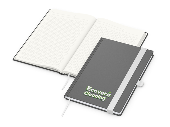 Notizbuch Organic-Book RECYCLING Apfelleder-Hardcover farbig A5, Lineatur Winkelkaro, Material-Infoblatt nein, Siebdruck-Digital inkl.