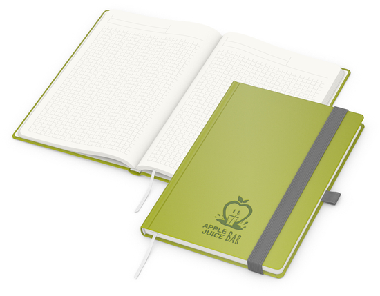 Notizbuch Organic-Book RECYCLING Apfelleder-Hardcover farbig A5, Lineatur Winkelkaro, Material-Infoblatt nein, Blindprägung inkl.