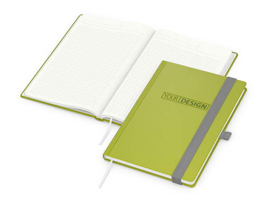 Notizbuch Organic-Book RECYCLING Apfelleder-Hardcover farbig A5, Lineatur Winkelkaro, Material-Infoblatt nein, Blindprägung inkl.