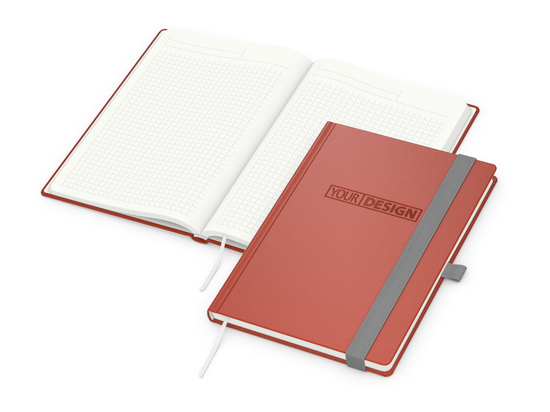 Notizbuch Organic-Book RECYCLING Apfelleder-Hardcover farbig A5, Lineatur Winkelkaro, Material-Infoblatt nein, Blindprägung inkl.