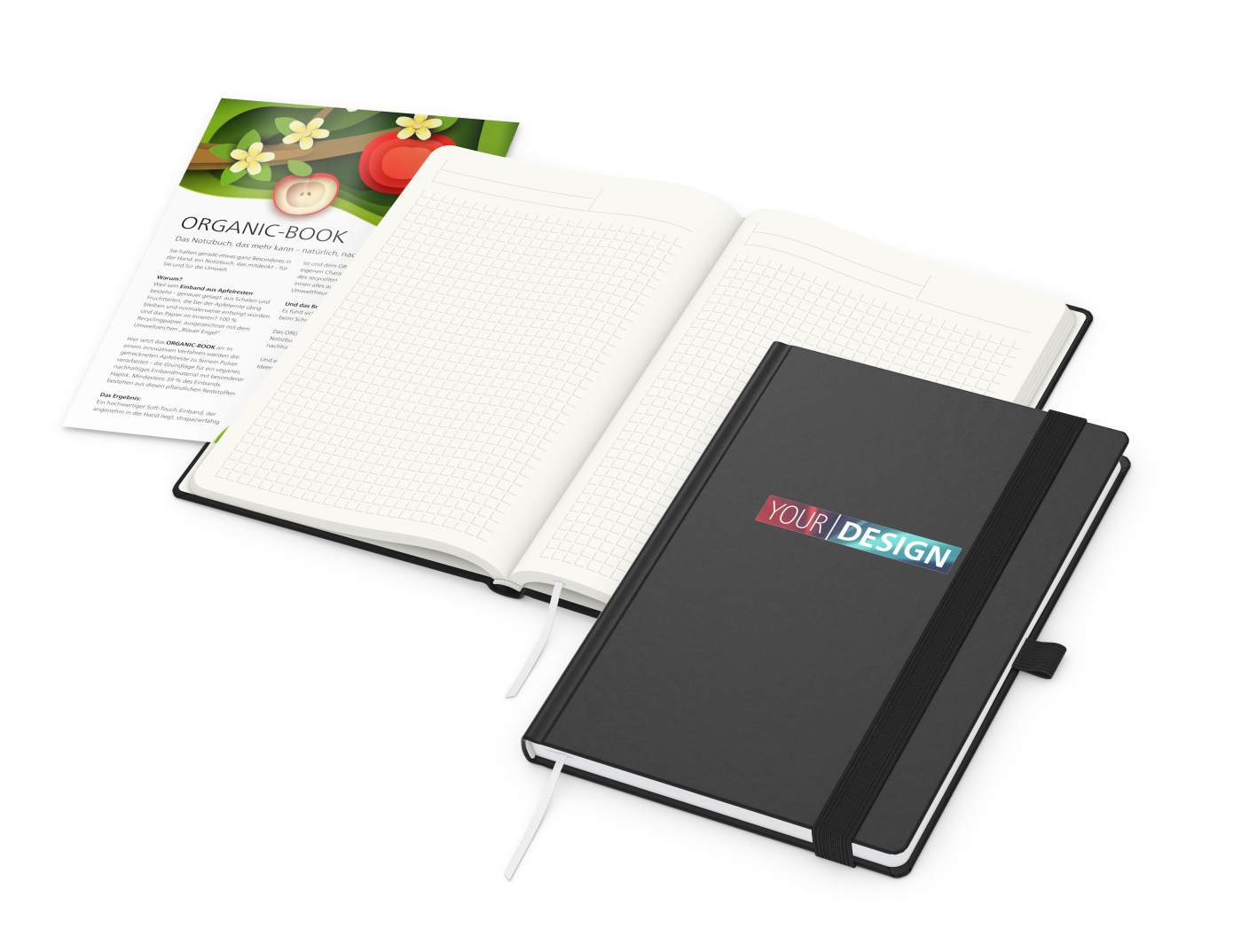 Notizbuch Organic-Book RECYCLING Apfelleder-Hardcover farbig A5, Lineatur Winkelkaro, Material-Infoblatt ja, Siebdruck-Digital inkl.