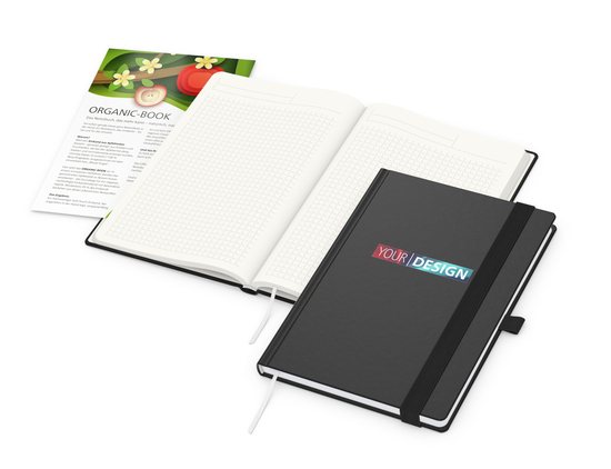 Notizbuch Organic-Book RECYCLING Apfelleder-Hardcover farbig A5, Lineatur Winkelkaro, Material-Infoblatt ja, Siebdruck-Digital inkl.