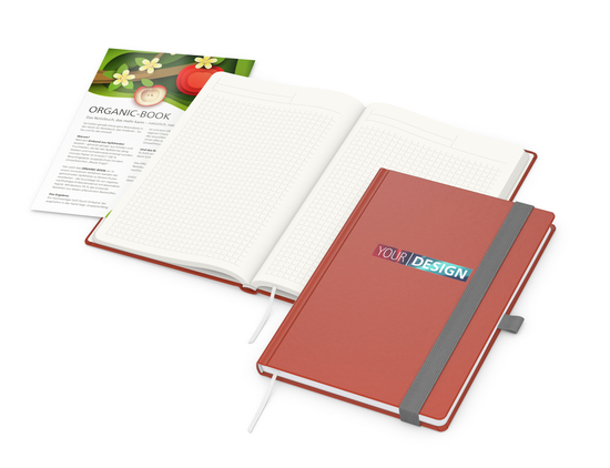 Notizbuch Organic-Book RECYCLING Apfelleder-Hardcover farbig A5, Lineatur Winkelkaro, Material-Infoblatt ja, Siebdruck-Digital inkl.