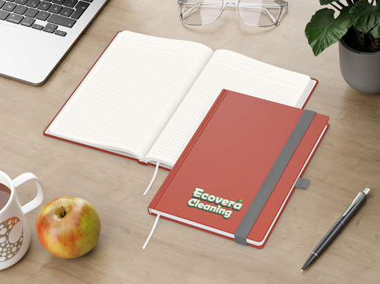 Notizbuch Organic-Book RECYCLING Apfelleder-Hardcover farbig A5, Lineatur Winkelkaro, Material-Infoblatt ja, Siebdruck-Digital inkl.