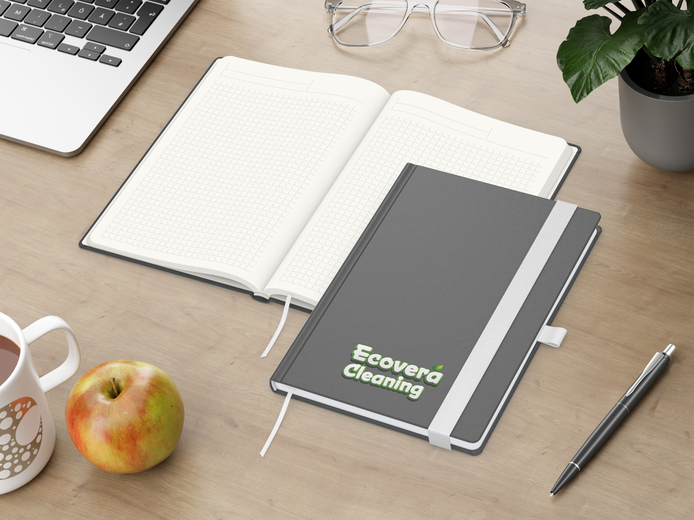 Notizbuch Organic-Book RECYCLING Apfelleder-Hardcover farbig A5, Lineatur Winkelkaro, Material-Infoblatt ja, Siebdruck-Digital inkl.