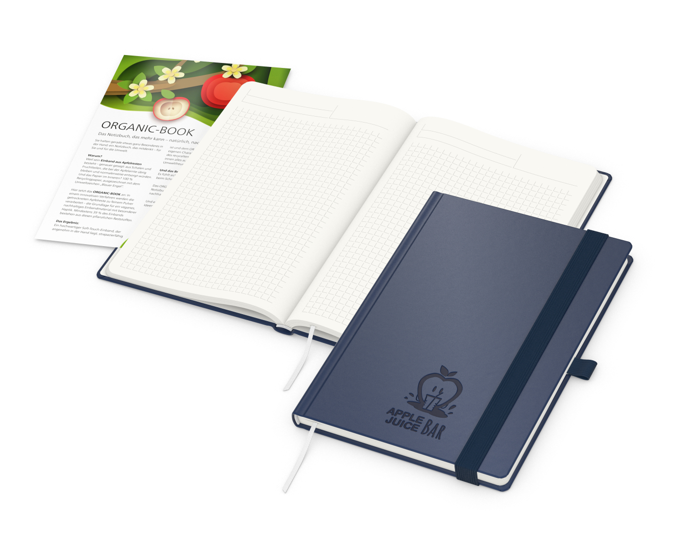 Notizbuch Organic-Book RECYCLING Apfelleder-Hardcover farbig A5, Lineatur Winkelkaro, Material-Infoblatt ja, Blindprägung inkl.