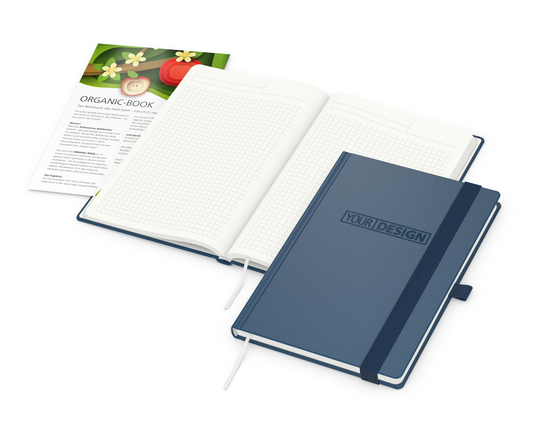 Notizbuch Organic-Book RECYCLING Apfelleder-Hardcover farbig A5, Lineatur Winkelkaro, Material-Infoblatt ja, Blindprägung inkl.