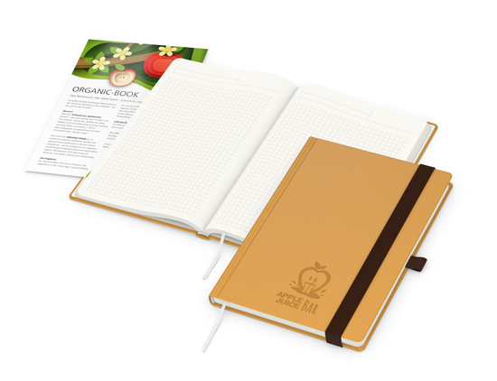Notizbuch Organic-Book RECYCLING Apfelleder-Hardcover farbig A5, Lineatur Winkelkaro, Material-Infoblatt ja, Blindprägung inkl.